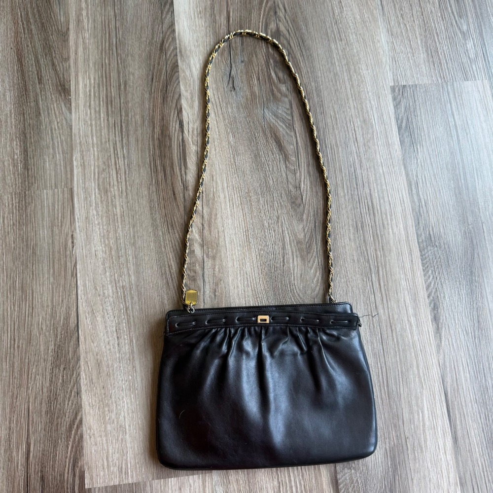 Susan‎ Gail Vintage Black Leather Pleated Shoulder Bag Gold Chain Strap Evening